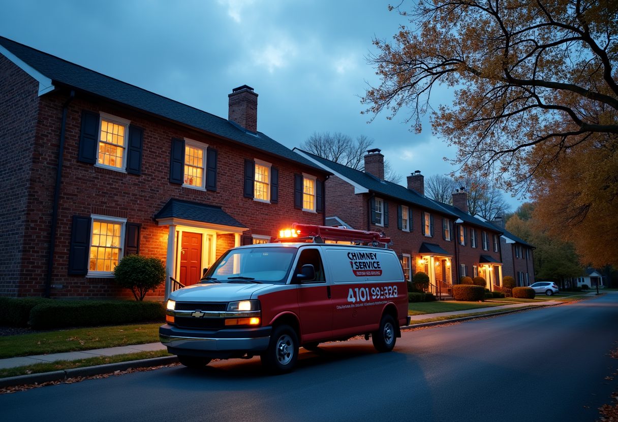 Chimney service van outside brick townhouses at dusk — Rockville